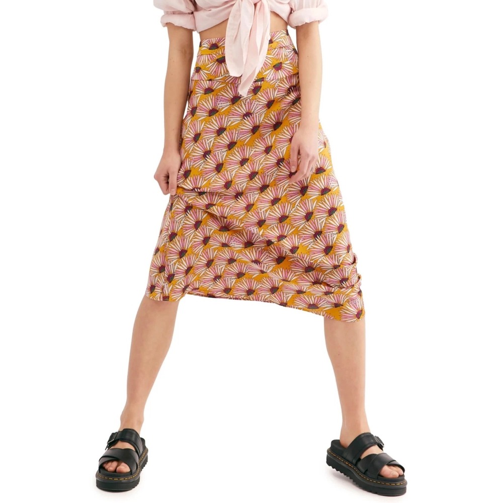 Free People Normani Bias Midi Skirt Floral Daisy‎ Yellow Pink Boho Sz 0